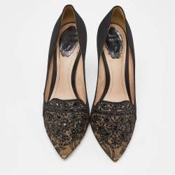 René Caovilla Black Satin and Lace Crystal Embellished Pumps Size 41.5