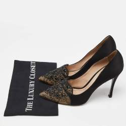 René Caovilla Black Satin and Lace Crystal Embellished Pumps Size 41.5