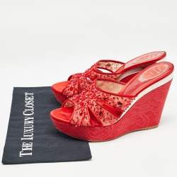 René Caovilla Red Satin and Crystal Embellished Mesh Wedge Platform Sandals Size 40