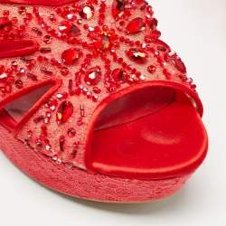 René Caovilla Red Satin and Crystal Embellished Mesh Wedge Platform Sandals Size 40