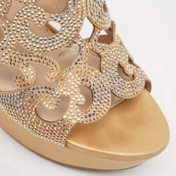 René Caovilla Gold/Beige Leather Lasercut Crystals Wedge Sandals Size 40