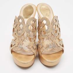 René Caovilla Gold/Beige Leather Lasercut Crystals Wedge Sandals Size 40