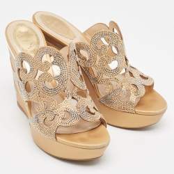 René Caovilla Gold/Beige Leather Lasercut Crystals Wedge Sandals Size 40