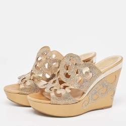 René Caovilla Gold/Beige Leather Lasercut Crystals Wedge Sandals Size 40