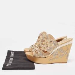 René Caovilla Gold/Beige Leather Lasercut Crystals Wedge Sandals Size 40