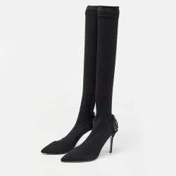 Pre Owned René Caovilla Black Knit Fabric Embellished Sock Boots Size 41