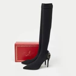 Pre Owned René Caovilla Black Knit Fabric Embellished Sock Boots Size 41