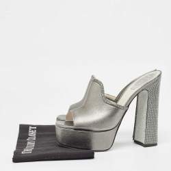 René Caovilla Metallic Leather Crystal Embellished Slide Sandals Size 39