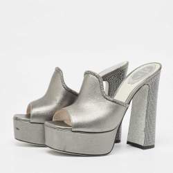 René Caovilla Metallic Leather Crystal Embellished Slide Sandals Size 39