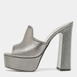 René Caovilla Metallic Leather Crystal Embellished Slide Sandals Size 39
