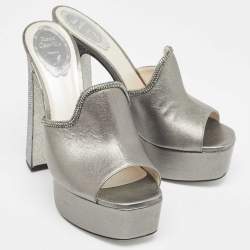 René Caovilla Metallic Leather Crystal Embellished Slide Sandals Size 39