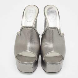 René Caovilla Metallic Leather Crystal Embellished Slide Sandals Size 39