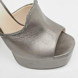 René Caovilla Metallic Leather Crystal Embellished Slide Sandals Size 39