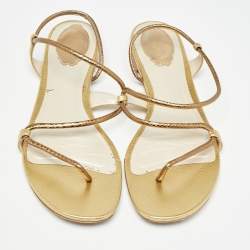 Pre Owned René Caovilla Gold Leather Ankle Wrap Flat Sandals Size 41