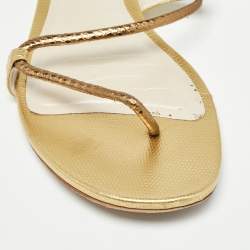 Pre Owned René Caovilla Gold Leather Ankle Wrap Flat Sandals Size 41