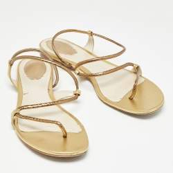 Pre Owned René Caovilla Gold Leather Ankle Wrap Flat Sandals Size 41