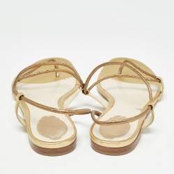 Pre Owned René Caovilla Gold Leather Ankle Wrap Flat Sandals Size 41