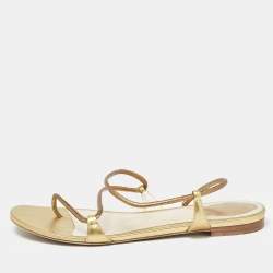 Pre Owned René Caovilla Gold Leather Ankle Wrap Flat Sandals Size 41