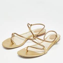 Pre Owned René Caovilla Gold Leather Ankle Wrap Flat Sandals Size 41