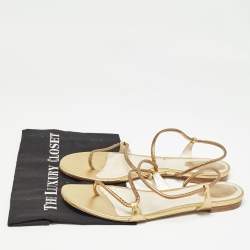 Pre Owned René Caovilla Gold Leather Ankle Wrap Flat Sandals Size 41
