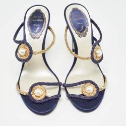 Pre Owned René Caovilla Blue/Gold Satin Crystals Embellished Slide Sandals Size 36