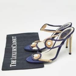 Pre Owned René Caovilla Blue/Gold Satin Crystals Embellished Slide Sandals Size 36