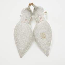 Pre Owned René Caovilla White Satin Crystal Embellished Slingback Ankle Strap Pumps Size 34.5 