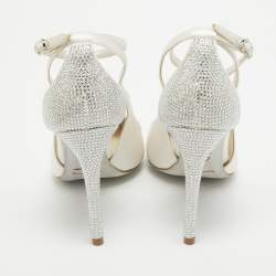 Pre Owned René Caovilla White Satin Crystal Embellished Slingback Ankle Strap Pumps Size 34.5 