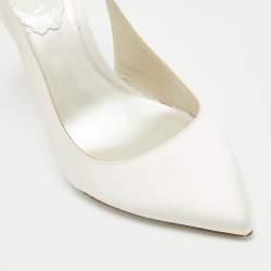 Pre Owned René Caovilla White Satin Crystal Embellished Slingback Ankle Strap Pumps Size 34.5 