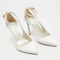 Pre Owned René Caovilla White Satin Crystal Embellished Slingback Ankle Strap Pumps Size 34.5 