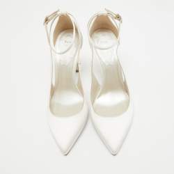 Pre Owned René Caovilla White Satin Crystal Embellished Slingback Ankle Strap Pumps Size 34.5 