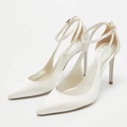 Pre Owned René Caovilla White Satin Crystal Embellished Slingback Ankle Strap Pumps Size 34.5 