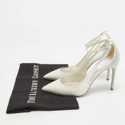 Pre Owned René Caovilla White Satin Crystal Embellished Slingback Ankle Strap Pumps Size 34.5 