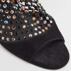 Rene Caovilla Black Suede and Mesh Crystal Embellished Galaxia Sandals Size 38