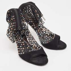 Rene Caovilla Black Suede and Mesh Crystal Embellished Galaxia Sandals Size 38