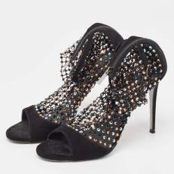 Rene Caovilla Black Suede and Mesh Crystal Embellished Galaxia Sandals Size 38