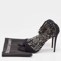 Rene Caovilla Black Suede and Mesh Crystal Embellished Galaxia Sandals Size 38