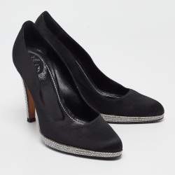 Pre Owned René Caovilla Black Satin Crystal Embellished Platform Pumps Size 37