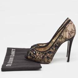 Pre Owned René Caovilla Black/Beige Lace and Mesh Peep Toe Pumps Size 37.5