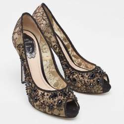 Pre Owned René Caovilla Black/Beige Lace and Mesh Peep Toe Pumps Size 37.5