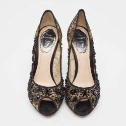 Pre Owned René Caovilla Black/Beige Lace and Mesh Peep Toe Pumps Size 37.5