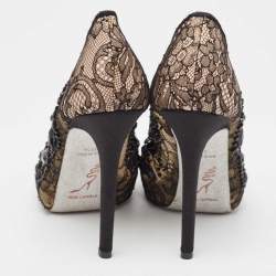 Pre Owned René Caovilla Black/Beige Lace and Mesh Peep Toe Pumps Size 37.5