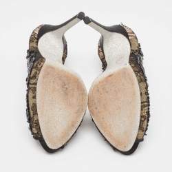 Pre Owned René Caovilla Black/Beige Lace and Mesh Peep Toe Pumps Size 37.5