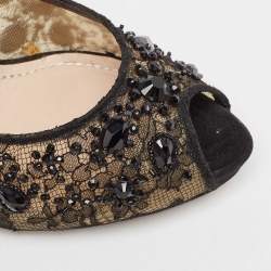 Pre Owned René Caovilla Black/Beige Lace and Mesh Peep Toe Pumps Size 37.5