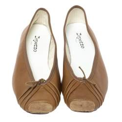 Pre Owned Repetto Brown Pleated Leather Bow Square Toe Ballet Flats Size 39