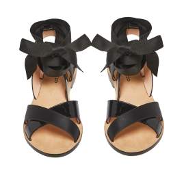 Pre Owned Repetto Black Patent Leather And Satin Leandre Ankle Wrap Flat Sandals Size 37