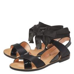 Pre Owned Repetto Black Patent Leather And Satin Leandre Ankle Wrap Flat Sandals Size 37