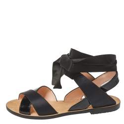 Pre Owned Repetto Black Patent Leather And Satin Leandre Ankle Wrap Flat Sandals Size 37