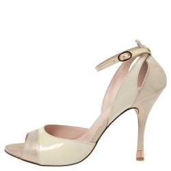 Repetto Cream/Off-White Patent And Nubuck Ankle Strap Peep Toe Pumps Size 40