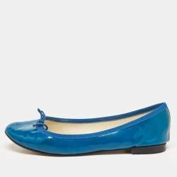 Pre Owned Repetto Blue Patent Leather Bow Ballet Flats Size 38
